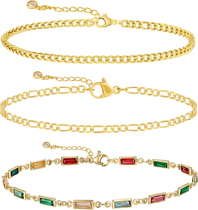 MIDEEO Gold/Silver Ankle Bracelets for Women,14K Gold Anklets for Women Waterproof Cuban Link Heart Beads Herringbone Rhinestone Anklets Set Layered Anklet Bracelets for Women Gold Jewelry Gift - Image 1